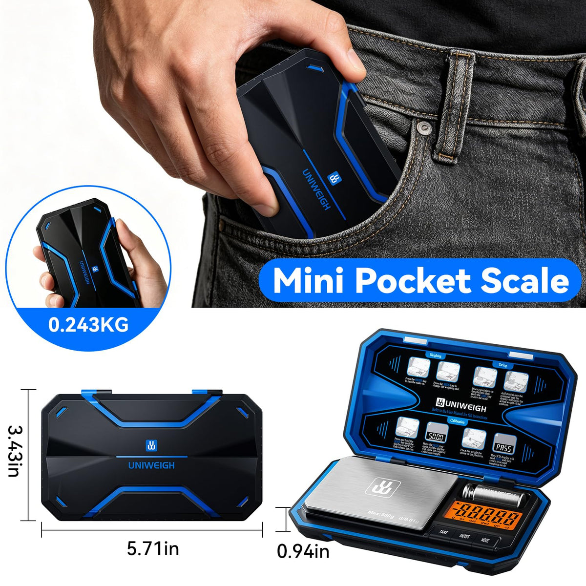 UNIWEIGH Digital Pocket Gram Scale 500g x 0.01g Precision Jewelry Scale