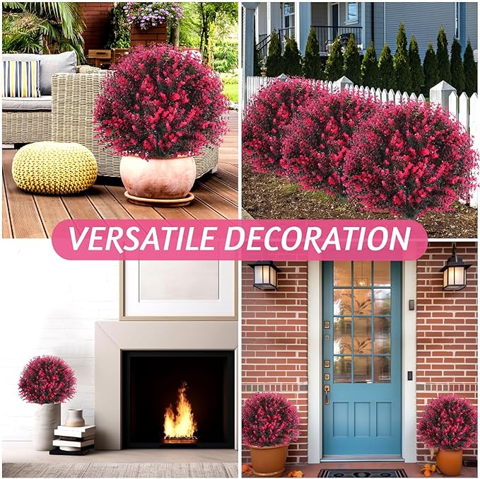 Yunlly 6 Pcs 18 Inch Artificial Boxwood Ball Topiary Tree Fake Outdoor Plants Bush, UV Resistance Faux Shrubs with Spike Realistic Greenery Potted for Indoor Garden Yard Porch Patio Decor (Rose Red)