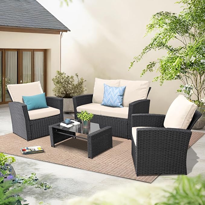 4 Piece Outdoor Patio Furniture Set,Wicker Conversation Sets Outdoor Sectional Patio Sofa Couch with Cushions & Coffee Table for Outside, Garden, Balcony, Porch,Black/Beige