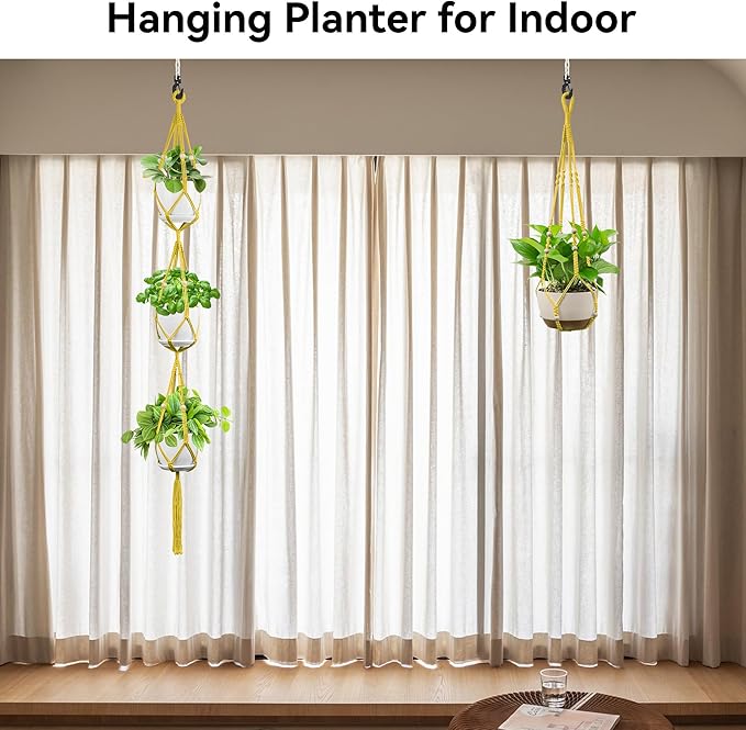USLAI Macrame Plant Hanger Indoor Outdoor, Up to 4-15 inch Pot, Heavy 20lb Planters, Extra Long Strong Hanging Planter Basket Holder, Boho Home Decor, 35+72 Inch, Yellow (POTS NOT Included)