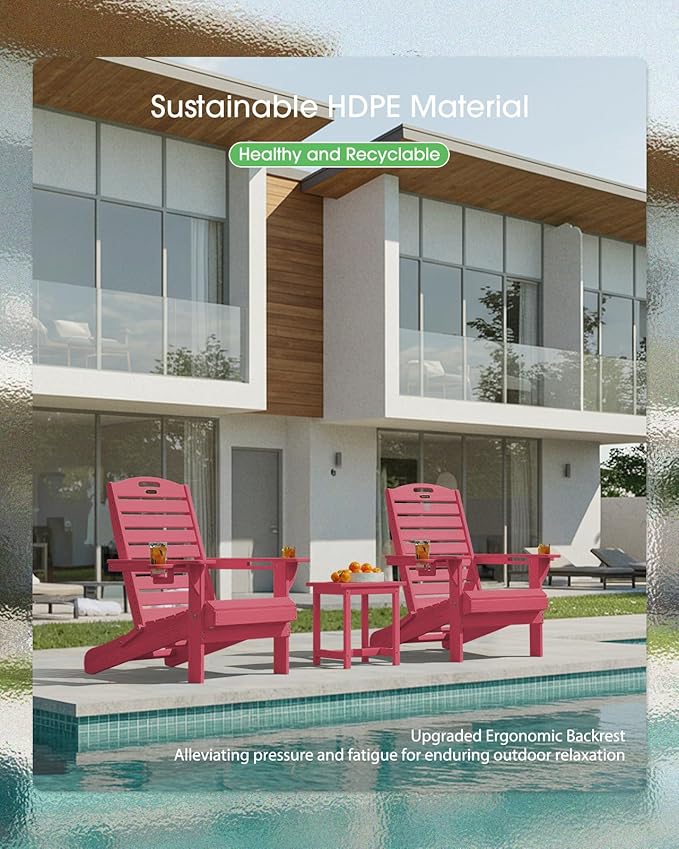 Adirondack Chairs Set of 4, Outdoor Fire Pit Chairs, HDPE All-Weather Adirondack Chairs with Cup Holder, Lawn Chair for Deck, Patio, Garden (Green)