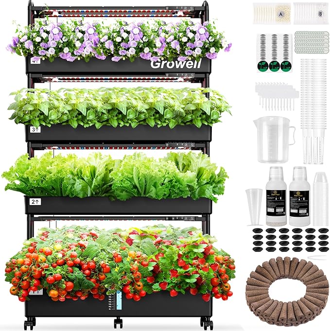 Growell Large Hydroponics Growing System Kit, 120 Pods Vertical Hydroponic Garden with 2 Light Modes Grow Light, Auto Circulating Water System, 48L Indoor Gardening System for Herb Vegetable Fruit