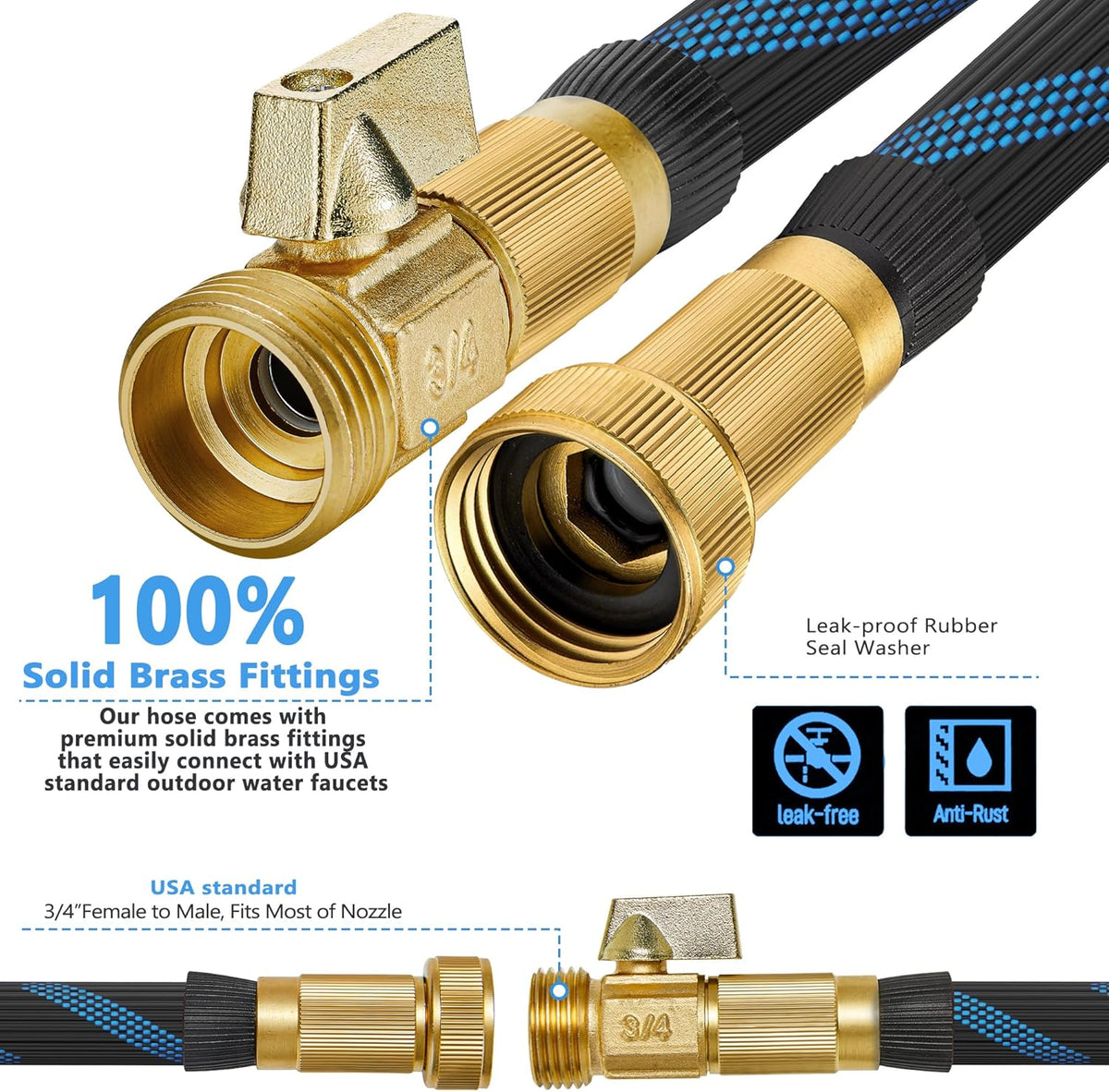 Garden Hose 50 ft -Heavy Duty Water Hoses - Flexible&Lightweight Car Washing Pipe with Strain Reliefs,Kink-free Rubber Hoses with Spray