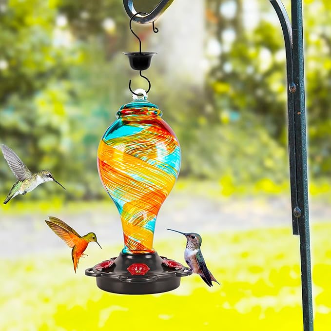 LUJII Hand Blown Glass Hummingbird Feeder for Outdoors Hanging with Ant Moat, 25 fl.oz, Leak Proof & Rustproof, Metal Base with 5 Feeding Ports & 5 Perches, Unique Garden & Backyard Decor (Ribbon)