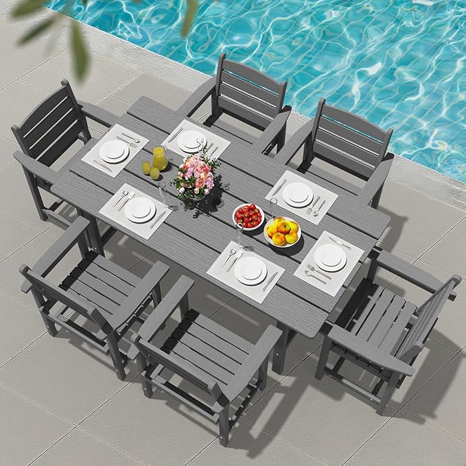 Patio Dining Set for 6 with Umbrella Hole - 66" Outdoor Table & 6 Chairs, All-Weather HDPE Outdoor Furniture for Lawn, Garden, Backyard, Poolside, Gray