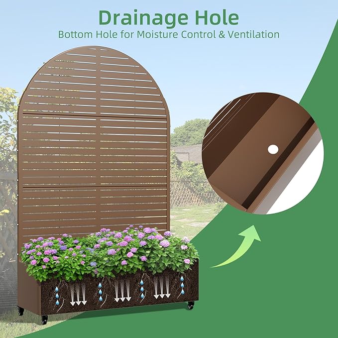 Casaphoria Metal Raised Garden Bed with Trellis and Wheels, 72"x47"x16" Arched Planter Box for Climbing Plants, Vegetables & Vines, Features Drainage Holes and Privacy Screen (Brown-Louvered)