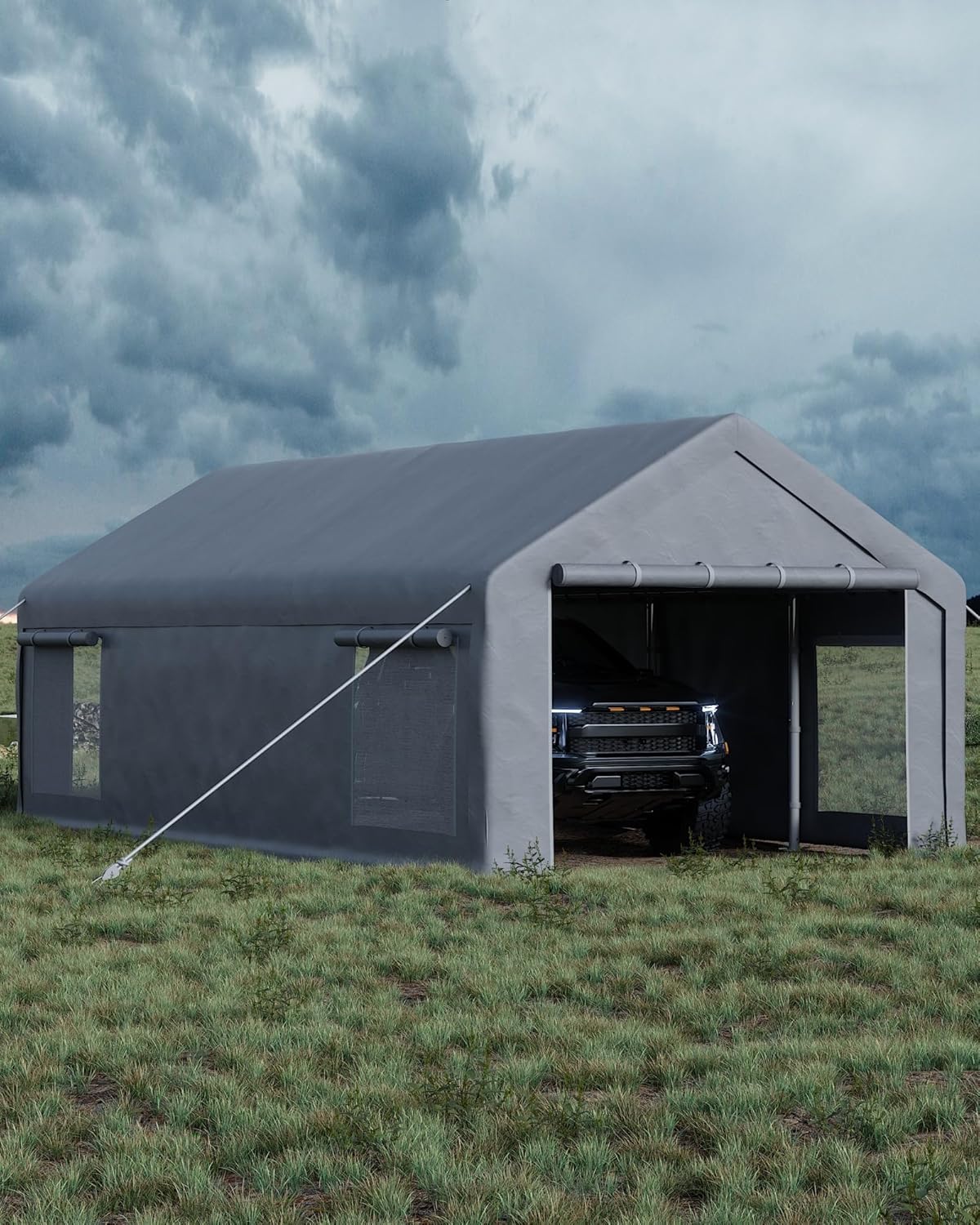 13x25 Ft Carport with 10 Sandbags, Car Port with 220g PE Tarp, 2 Roll-Up Doors, and 4 Windows, for Full-Size Pickups, Bass Boats, Tractors, and SUVs, Gray