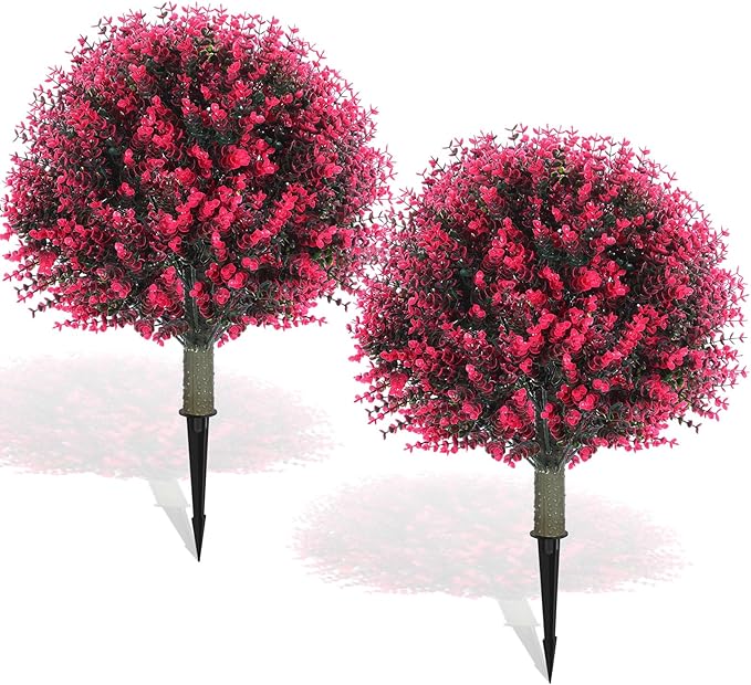 Yunlly 2 Pcs 18 Inch Artificial Boxwood Ball Topiary Tree Fake Outdoor Plants Bush, UV Resistance Faux Shrubs with Spike Realistic Greenery Potted for Indoor Garden Yard Porch Patio Decor (Rose Red)