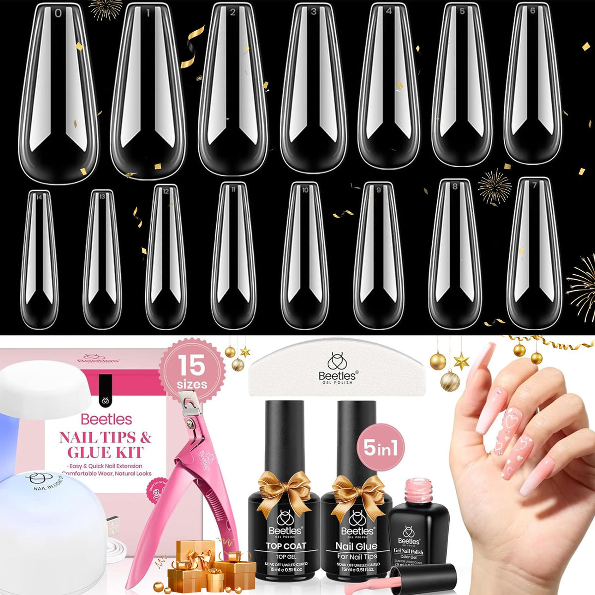 Beetles Gel Nail Kit 600Pcs Long Coffin Nail Tips With Pink Gel Polish Top Coat,15 Sizes Beetles Gel X Soft Clear Press On Nails