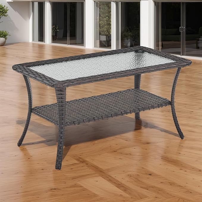 Patio Tables Outdoor Coffee Table - Wicker Rattan Coffee Tables with 2-Tier Storage Shelf Glass Top for Outside Proch Deck Balcony Garden Rectangle Brown