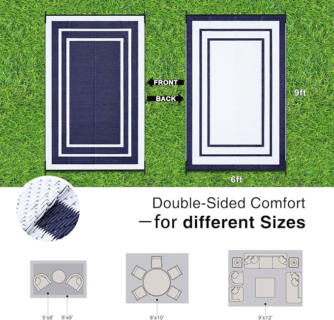 OLANLY Outdoor Rug 6x9 ft Waterproof, Reversible Outdoor Plastic Straw Rug, RV Mat, Indoor Outdoor Carpet Clearance for Patio, Camping, Balcony, Deck, Backyard, Navy & White