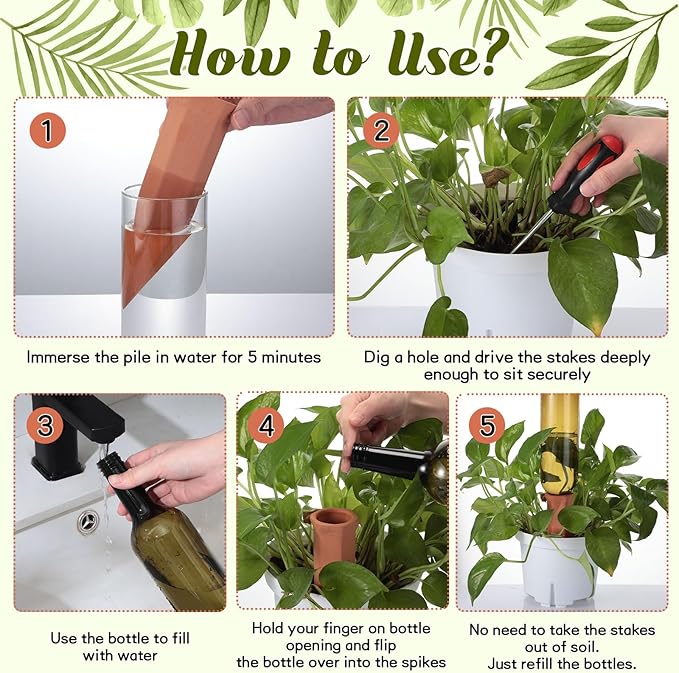 12 Sets Plant Watering Devices Include Terracotta Self Watering Spikes and 26 oz Plastic Bottles, Slow Release Vacation Insert Automatic Plant Waterer Device (Green and Terracotta)