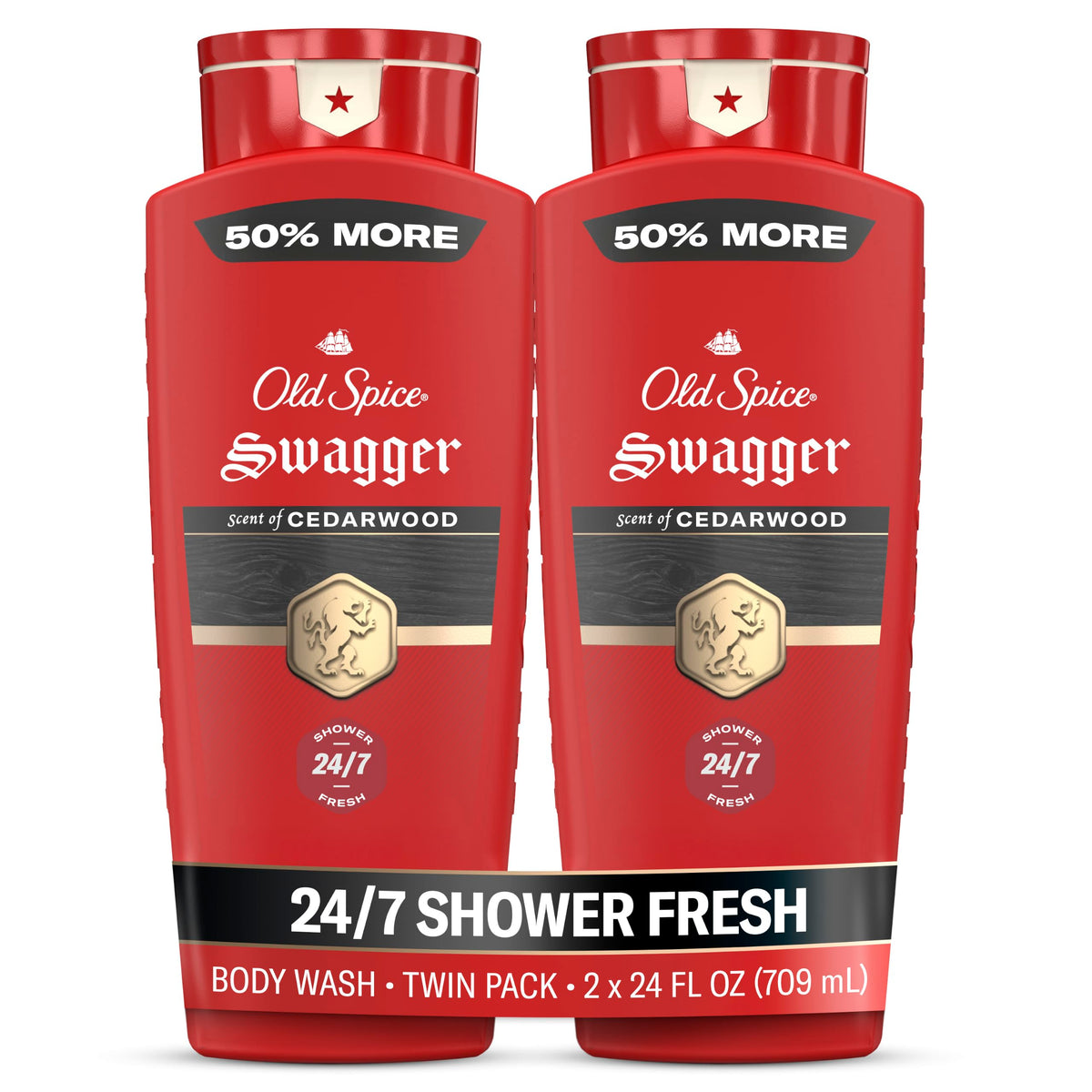 Old Spice Refreshing Body Wash for Men, 3X Defense, 24/7 Shower Fresh with Long Lasting Scent, Red Collection, Swagger with Cedarwood Scent, 24 oz (Pack of 2)