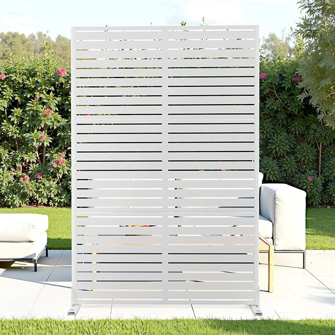 FENCY Outdoor Privacy Screen, 72" H×47" W Metal Privacy Screen, Outdoor Freestanding Privacy Screen & Panels for Deck Patio Balcony(White-Louvered)