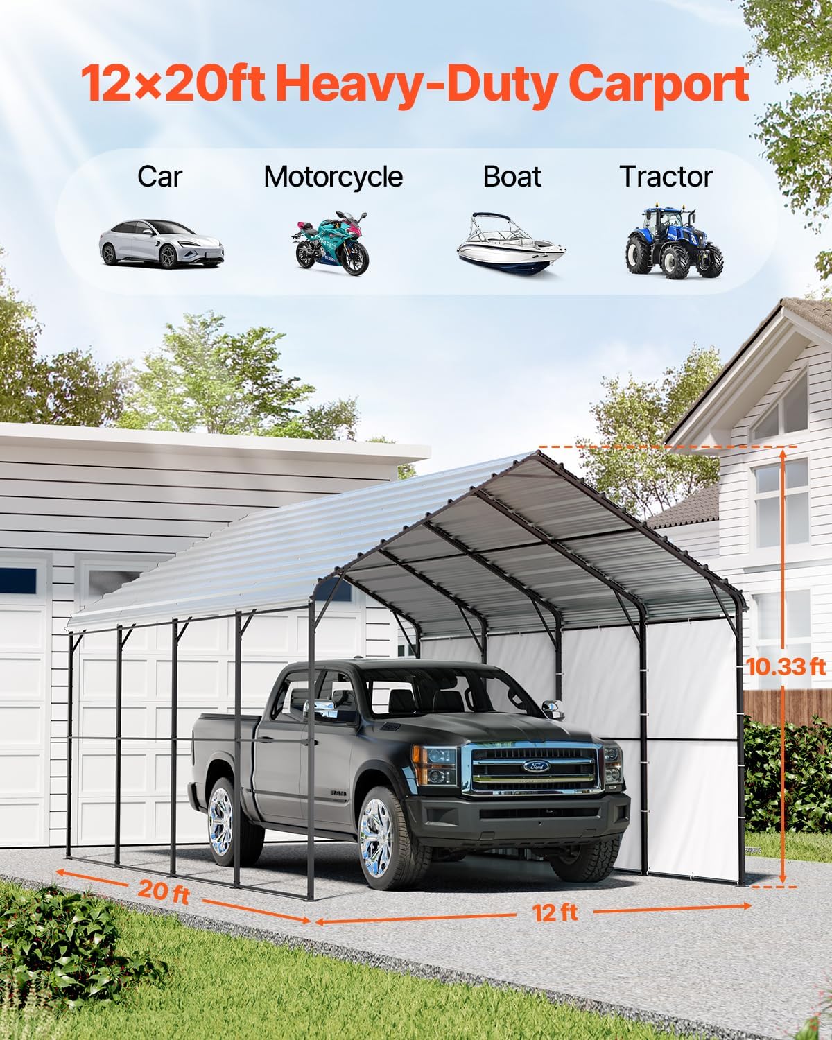 VEVOR Heavy Duty Metal Carport, 12' x 20' Outdoor Carport with Galvanized Steel Frame & Roof, Car Tent Garage Shade with Removable Sidewalls, Multi-Use Car Shelter for Pickup, Boat, Car & Tractors
