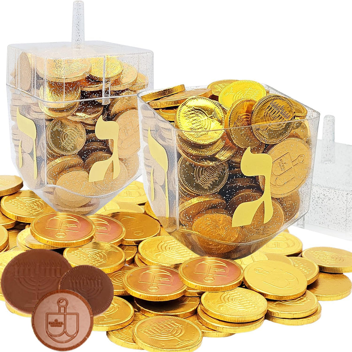 The Dreidel Company Jumbo Hanukkah Dreidel Filled with Chocolate Gelt Coins, Chocolate Half Dollar Coins, Chanukah Gelt, Kosher (Pack of 4)