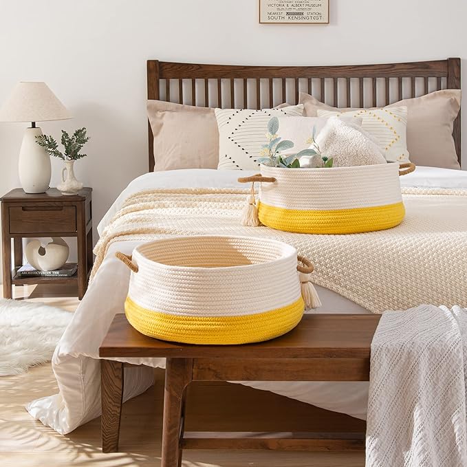 KAKAMAY Woven Baskets for Storage(16"x8"),Blanket Basket for Organizing Living Room,Cotton Rope Basket Woven Baby Laundry Hamper,Collapsible Laundry Room Organization,Clothes,Toy Chest(Yellow)