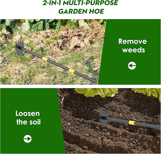 Upgraded Dual Headed Hoe and Cultivator,Garden Hoe with Adjustable Handle for Weeding, Digger, loosening Soil, Sowing Metal Garden Triangles Hoe with Rake Tiller Cultivator (17-73 Inch)