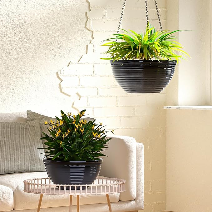 2 Pack Hanging Planters for Indoor Outdoor Plants, 10 Inch Hanging Planter with Drainage Hole & Plug Glazed Hanging Baskets Flower Pots for Garden Home (Black)