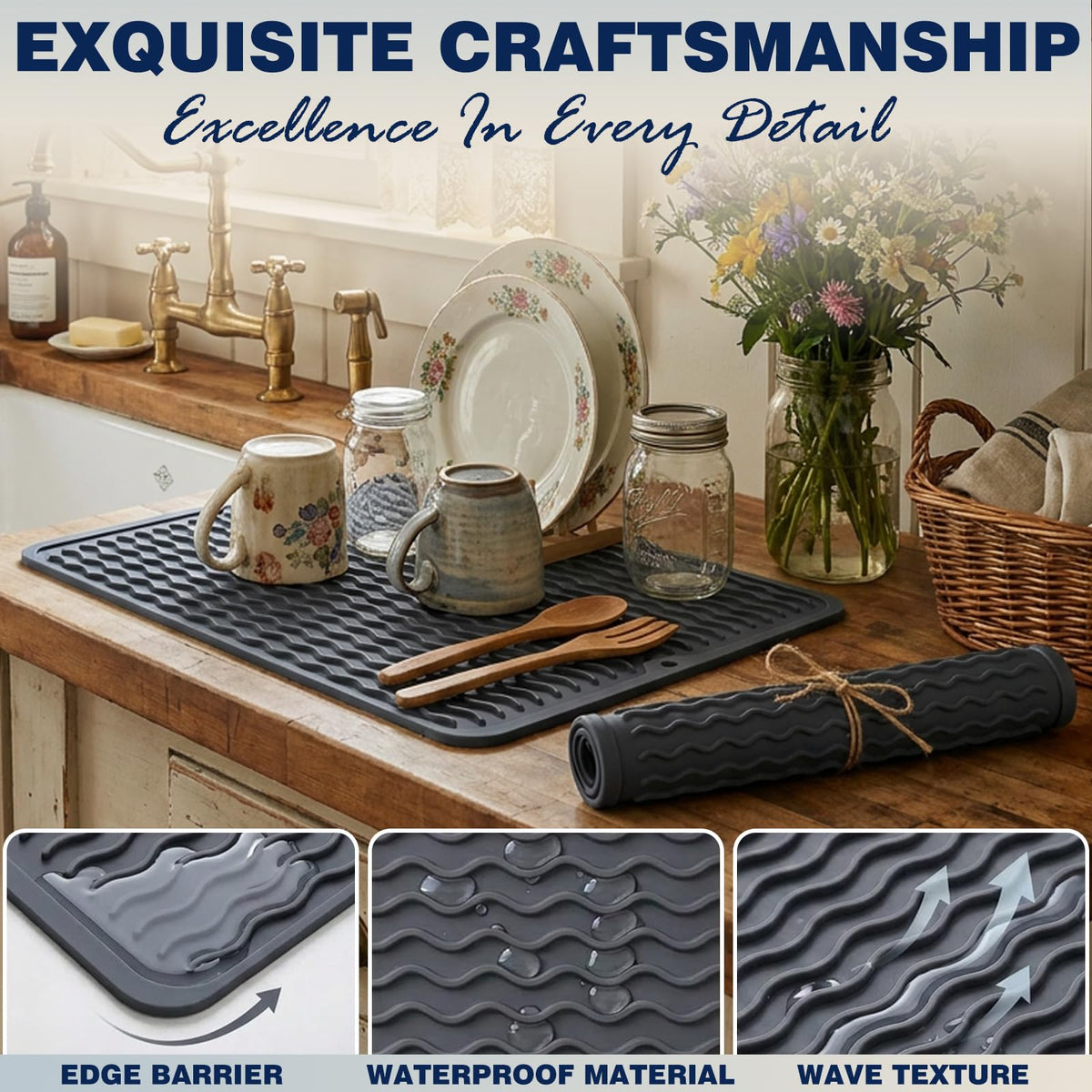 2 Pack Caketime Silicone Dish Drying Mat for Kitchen Counter Dining Placemats Shower Caddy Refrigerator Liners Essentials Heat Resistant Waterproof Trivets Pad Coffee Bar Items 15"x11.5" Milk