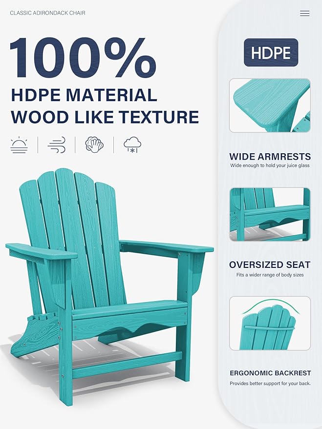 KINGYES HDPE Adirondack Chair, Classic for Patio Garden, Fire Pit, Backyard & Lawn Furniture, Easy Maintenance All Weather Adult Size Adirondack Chair, Crystal Blue