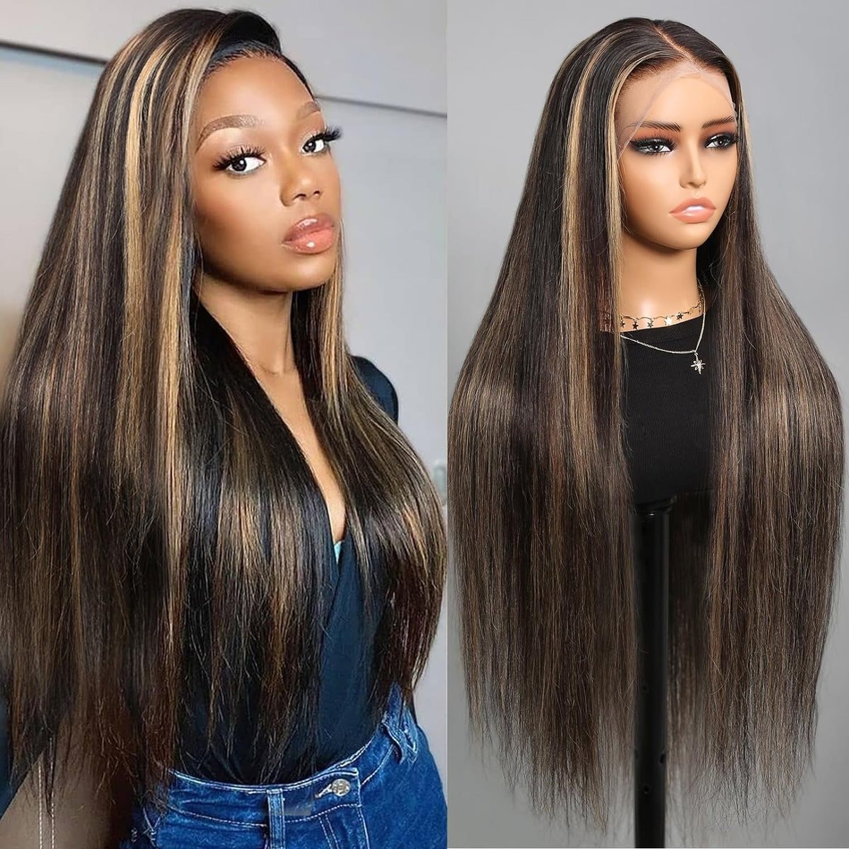 Superlook Real Bleached Knots Highlight Lace Front Wigs Human Hair 220% Density Balayage Glueless Wigs Human Hair 28 Inch 13X4 O