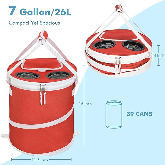 Tirrinia Large Pop-Up Golf Cooler Bag- Insulated Collapsible Cooler with Flat Drink Table for Golf Cart, Lightweight and Portable Ice Beach Cooler for Travel, Fishing, Picnics, Hiking, Camping