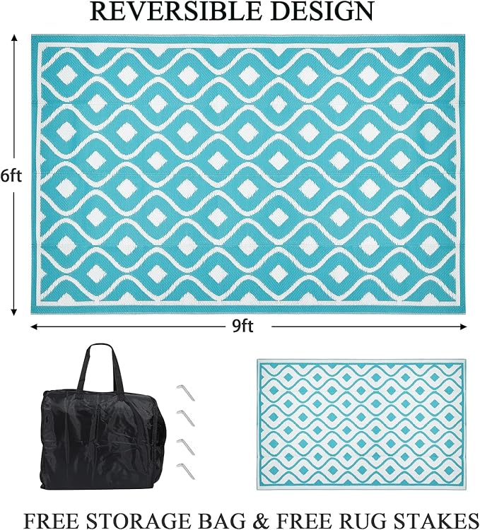 Pauwer Waterproof Outdoor Rug 6x9, Reversible Plastic Straw Patio Camping Rug, Indoor Outdoor RV Mat Carpet for Deck, Camper, Porch, Balcony, Backyard, Picnic, Geometric Teal