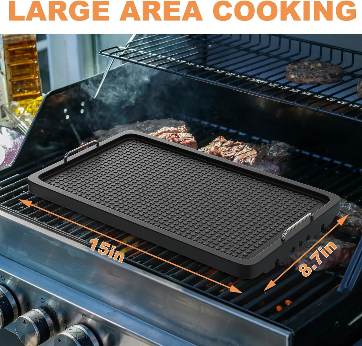Cast Iron Griddle for Gas Grill Universal, 15" x 8.7" Griddle Pan for Stove Top with Handle, Grill Griddle, Stove Top Griddle for Charcoal/Gas/Electric Grills, Cast Iron Grill Pan for Outdoor/Camping