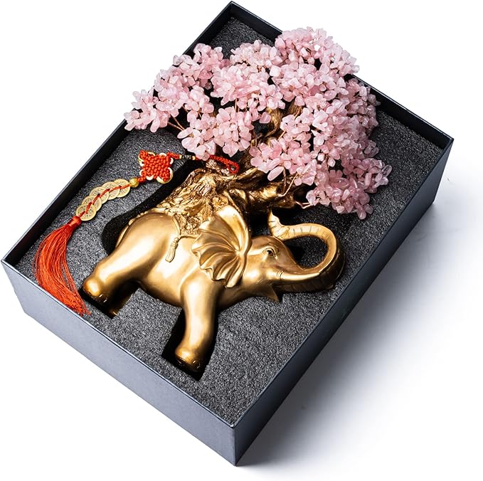 Rose Quartz Crystal Money Tree on Gold Elephant Statue, 17”Large Gemstone Bonsai Tree of Life Home Décor Gifts for Wealth Positive Energy, Feng Shui Décor