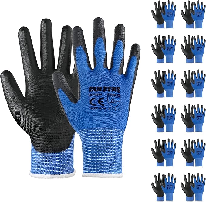 DULFINE Safety Work Gloves PU Coated-12 Pairs,Blue Seamless Knit Glove with Polyurethane Coated Smooth Grip on Palm & Fingers, for Men and Women, Ideal for General Duty Work (Extra Large)