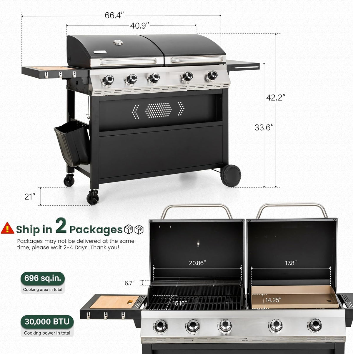 5 Burner Griddle Grill Combo, 2 in 1 Propane Gas BBQ Grill with Porcelain-Enameled Cast Iron Grates & Pan, Outdoor Flat Top Griddle, 695 Sq. In. Propane Barbecue Grill for Patio Backyard Balcony