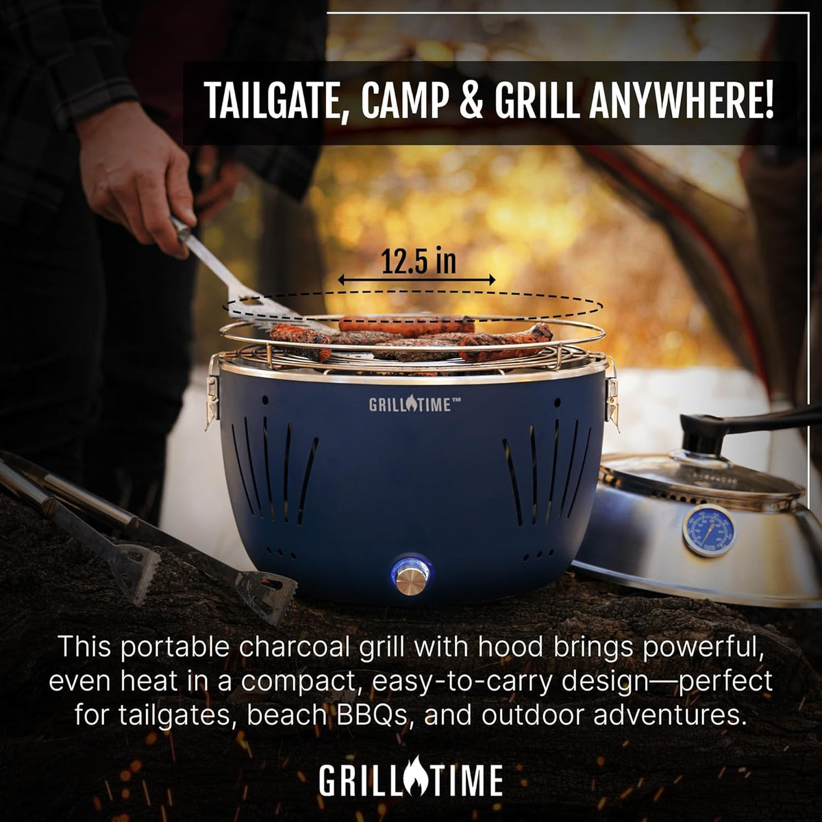 GrillTime Tailgater GT Hood Combo 13 Inch - Portable Charcoal Grill with Hood, Small Tabletop Grill for Tailgate Parties, Camping, Beach BBQ, Blue