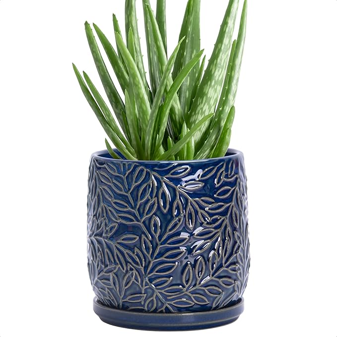 D'vine Dev 5 Inch Embossed Leaves Stoneware Planter Pot with Drainage Hole and Saucer, Midnight Blue, 27-A-V-3