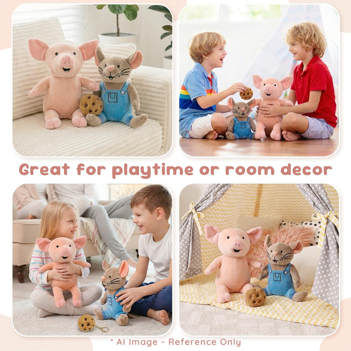 Pig & Mouse Plush Set with Cookie Keychain, Reading Buddy Gift for Kids