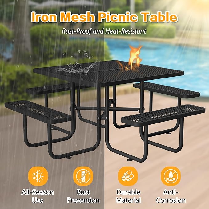 79'' Steel Square Picnic Table for Outdoors, Expanded, Lifetime Picnic Table with Umbrella Hole, Heavy Duty Sturdy Commercial Picnic Tables for Garden Courtyard BBQ, Black