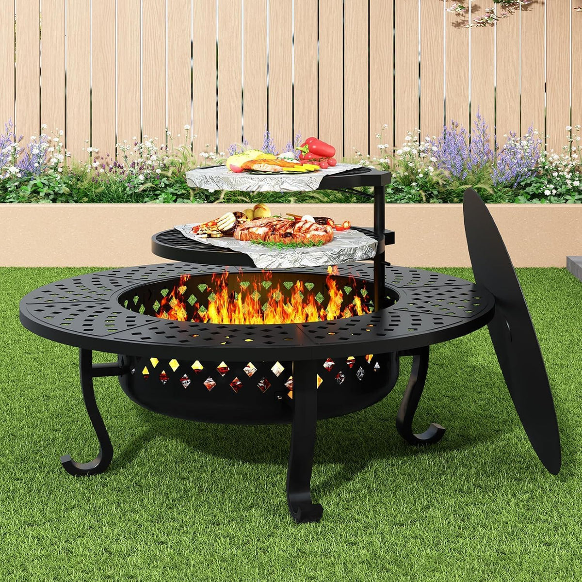 43 Inch Fire Pit with 2 Grill for Outside, Outdoor Wood Burning Firepit with Lid, Metal Round Table for Backyard Patio Garden Picnic Camping Bonfire, Black