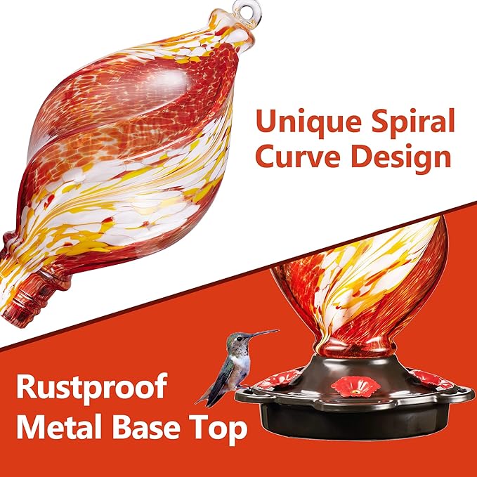 LUJII Ice Cream Shaped Spiral Hummingbird Feeder, Hand Blown Glass, 28 fl.oz, Leak Proof & Rustproof, Includes an Ant Moat for Outdoors Hanging, Unique & Stylish Garden, Outside & Backyard Decor (Red)