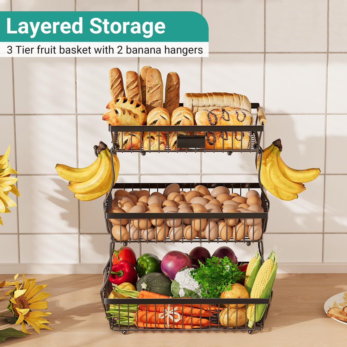 Astrorhine 3 Tier Fruit Basket for Kitchen Counter with 2 Banana Hangers, Countertop Metal Fruit Bowl with Wooden Handle, Large Storage Stand for Vegetables, Snacks, Breads, Produce Storage – Black