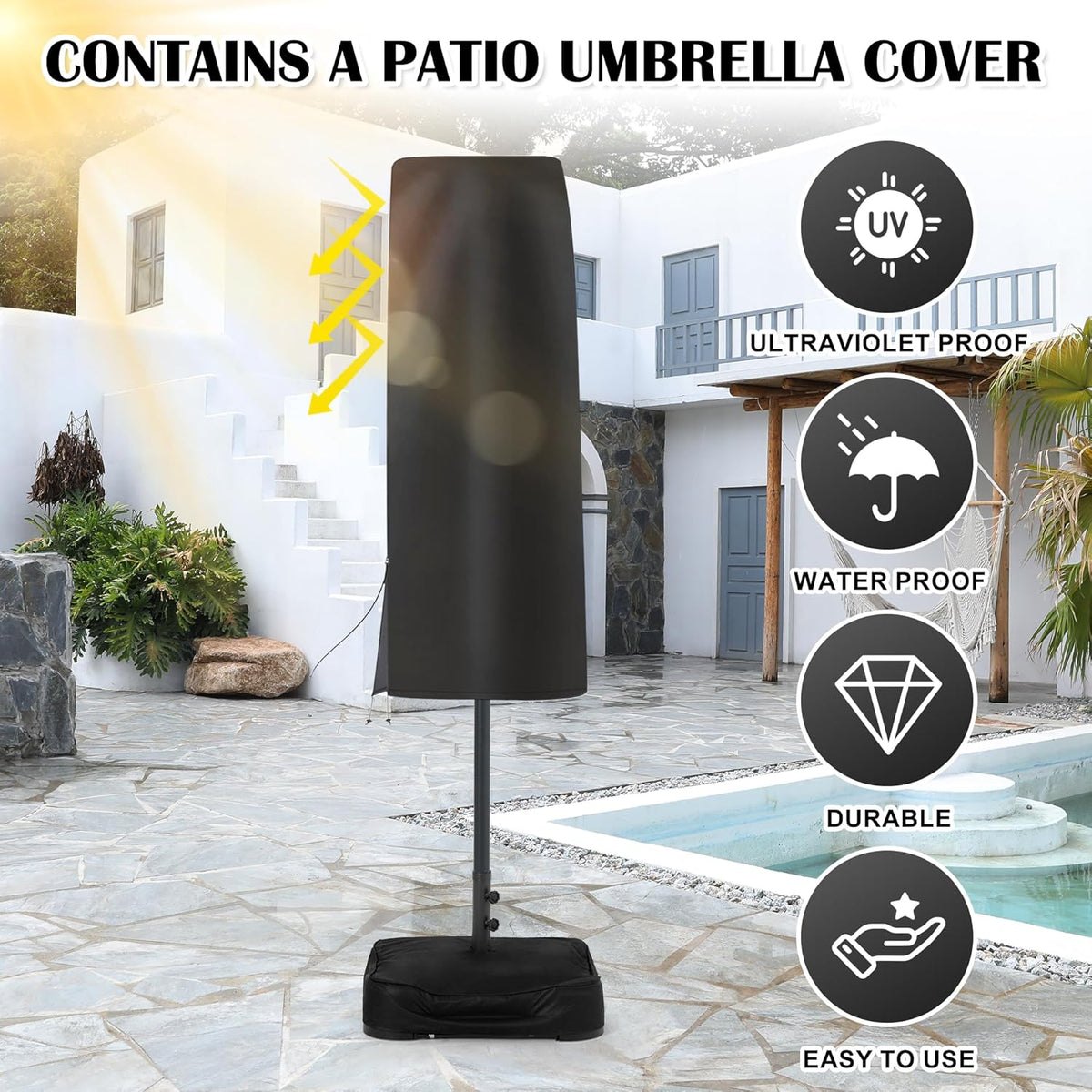 Sundale Outdoor Solar 144 LED 15 ft Patio Umbrella with Sandbag Base Included and Cover, Outdoor Double-Sided Umbrella, Red