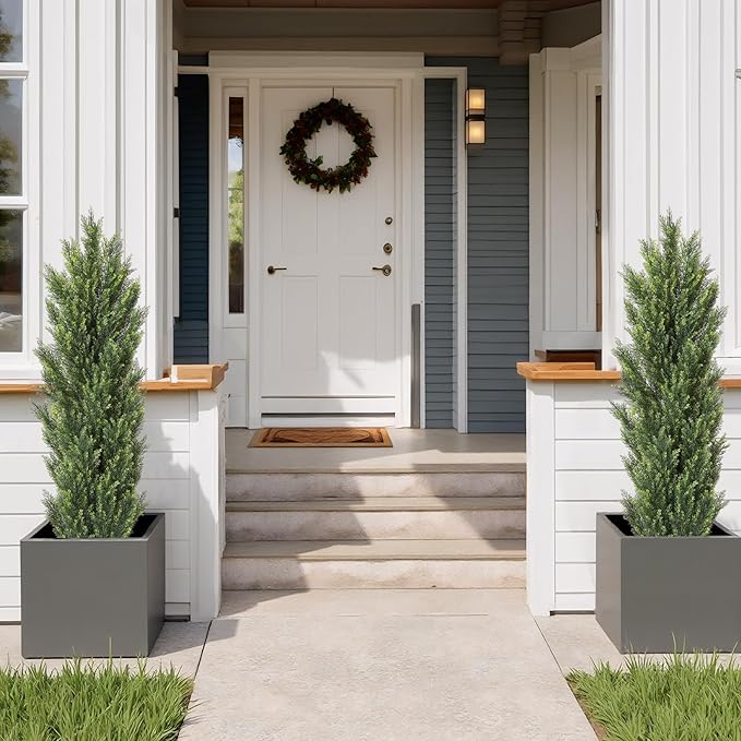 THE BLOOM TIMES 5ft Topiary Trees Artificial Outdoor – UV Resistant Faux Cedar Pine Cypress Bushes and Shrubs, Fake Potted Plants for Front Porch Outside Planter Patio Decor, Set of 2 (5 Foot)