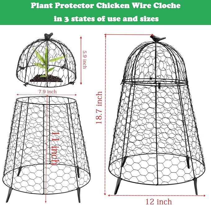 Plant Protector Chicken Wire Cloche 4 PCS, Plant Protectors from Animals, 18.7×12 Inch Large Garden Cloches for Plants, Sturdy 2-in-1 Cloche Dome for Plants, Plant Protectors for Easy Pruning