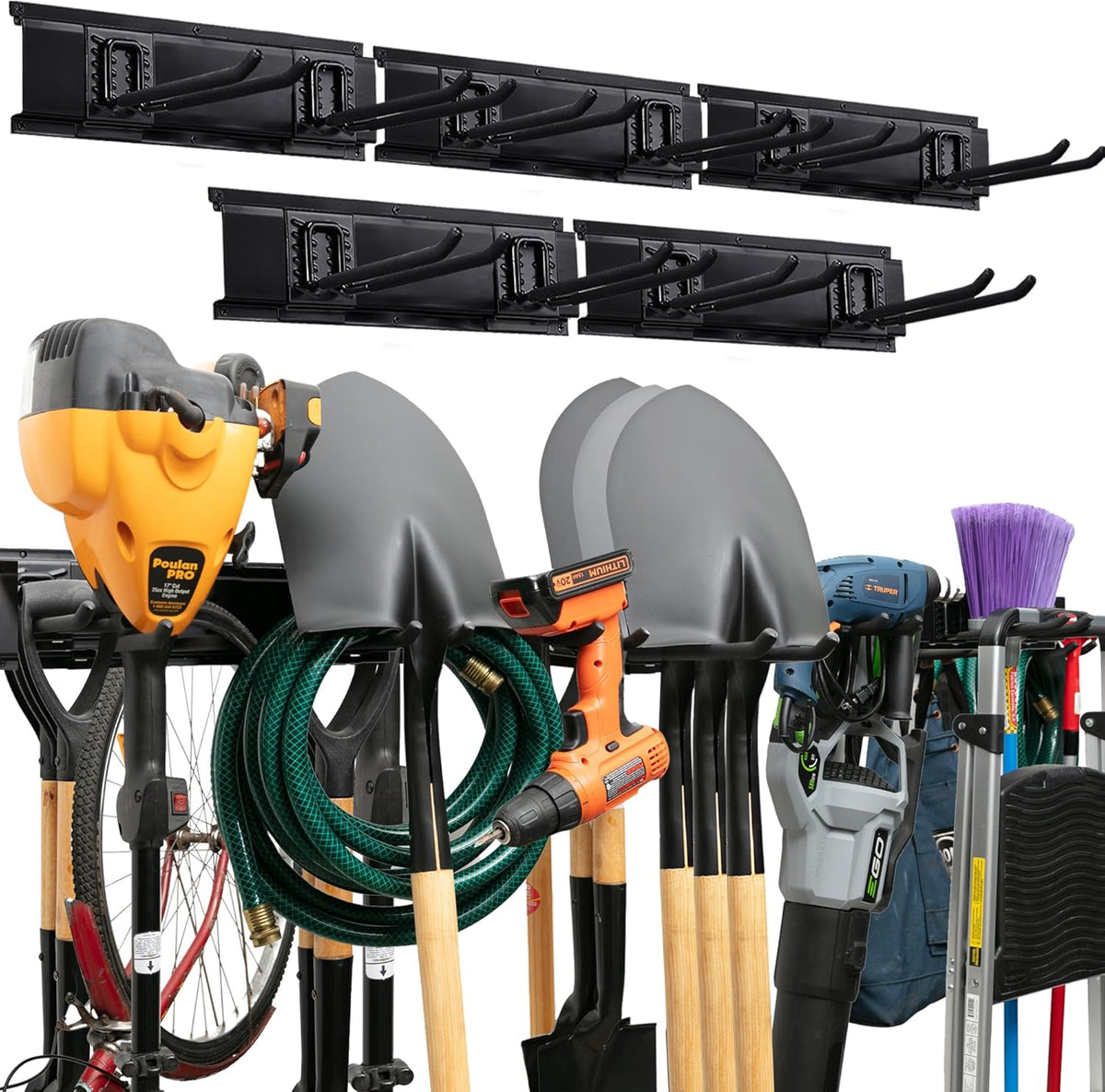 Garage Tool Organizer Wall Mount - 80 inches - Sturdy Storage Rack with Adjustable Hooks, Anti-Rust - Easy Installation, 500lbs Capacity - Garden Tool Organizer (05 Racks & 10 Hooks)