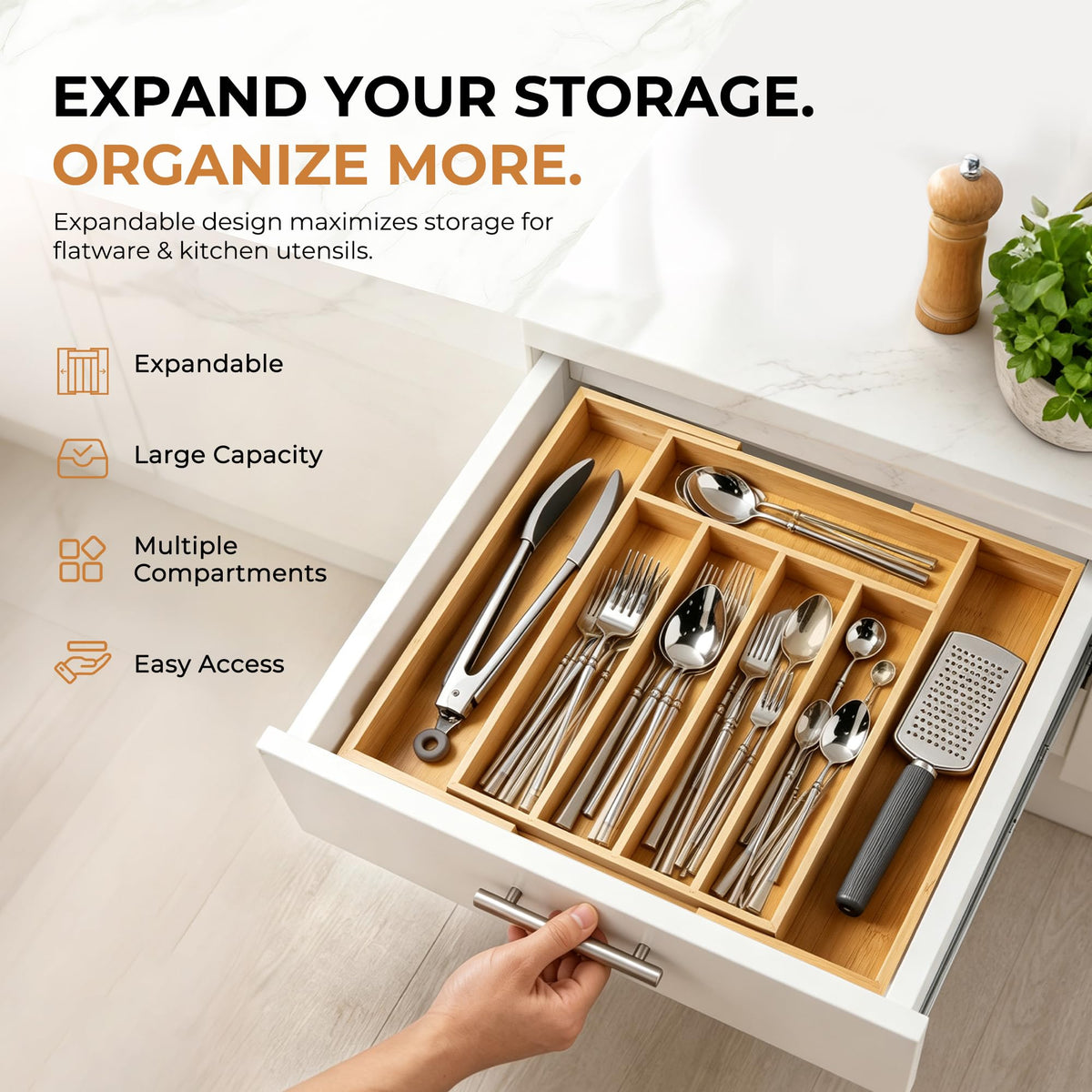 Bellsal Silverware Organizer Kitchen Drawer Organizer Expandable Bamboo Utensil Holder Cutlery Tray for Kitchen Utensil and Flatware Bedroom Office