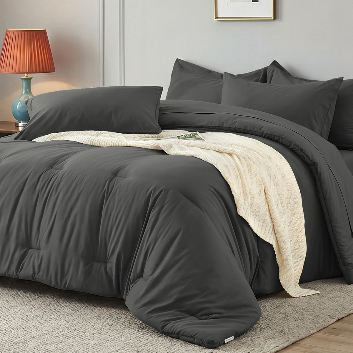 Easthome California King Comforter Set 7 Pieces, Dark Gray