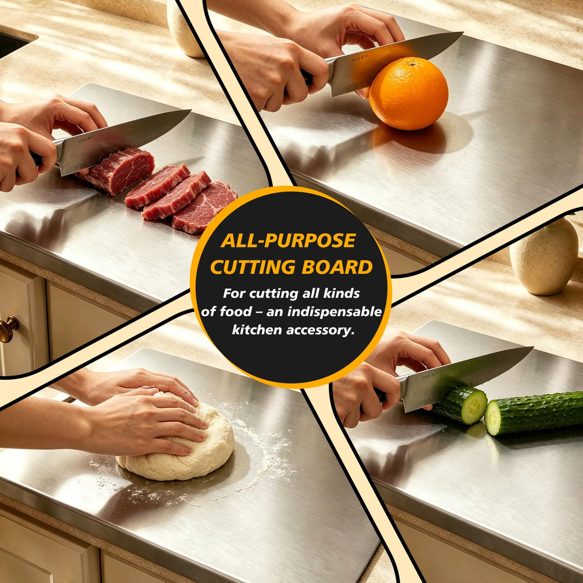 2Pcs L-Shaped Stainless Steel Cutting Board with Lip, 304 Metal Chopping Board Double-Sided Use, 15.7x11.8" & 11.8x11.8" Pastry Kneading Board for Meat Fruits Veggies Bread, Easy-Clean Dishwasher Safe