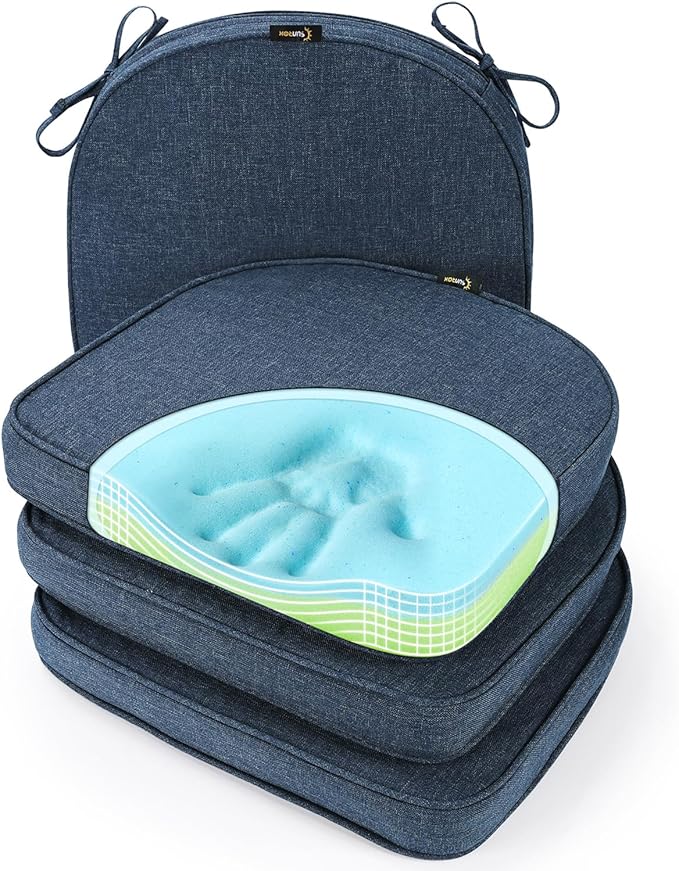 SUNROX Gel Memory Foam Chair Cushions, FadeShield Water-, Stain-Resistant Durable Reversible Seat Cushion Pads with Ties for Indoor/Outdoor Kitchen Dining Office, 19"x19", Set of 4, Heather Indigo