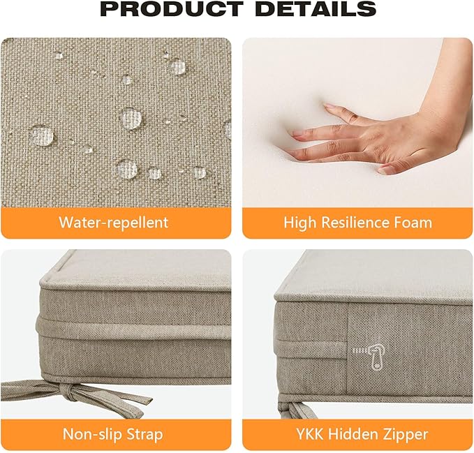 Square Corner Seat Cushions, 19" x 19" x 3", Set of 4, Indoor Outdoor Water Repellent Universal Chair Pads with Ties for Patio Furniture, Garden Deck Dining Chairs, Tan