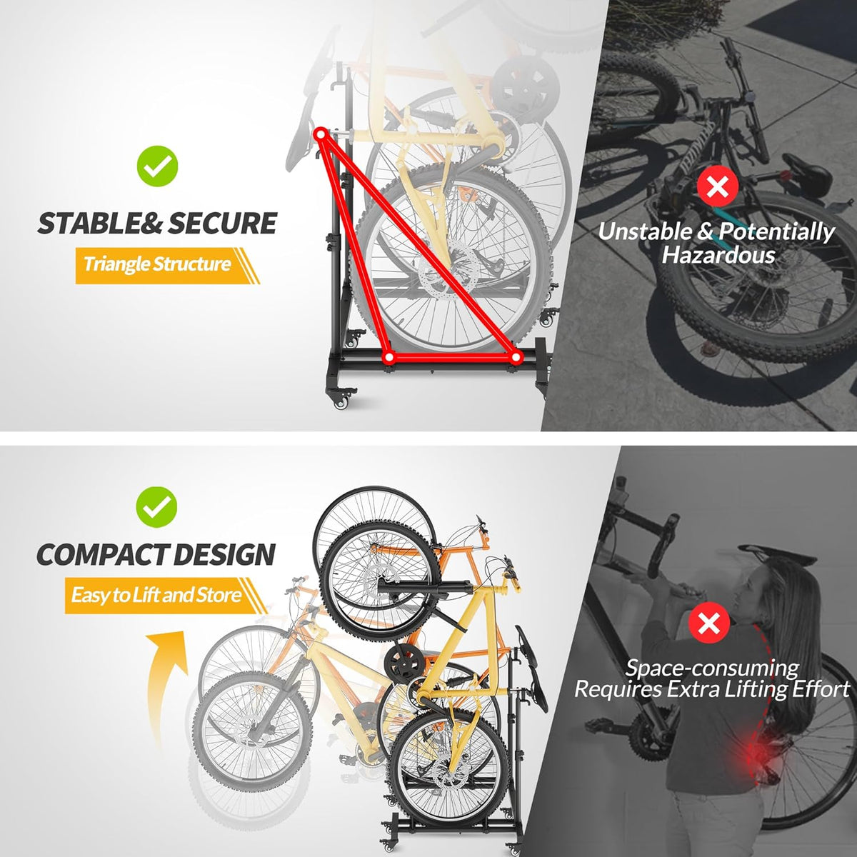 Vertical Bike Stands (2 Pack)，Standing Bike Rack for Garage Floor，Upright Bicycle Floor Stand Indoor Bike Holder with Adjustable Height for Garage & Apartment - for Wheels Sizes up to 29”