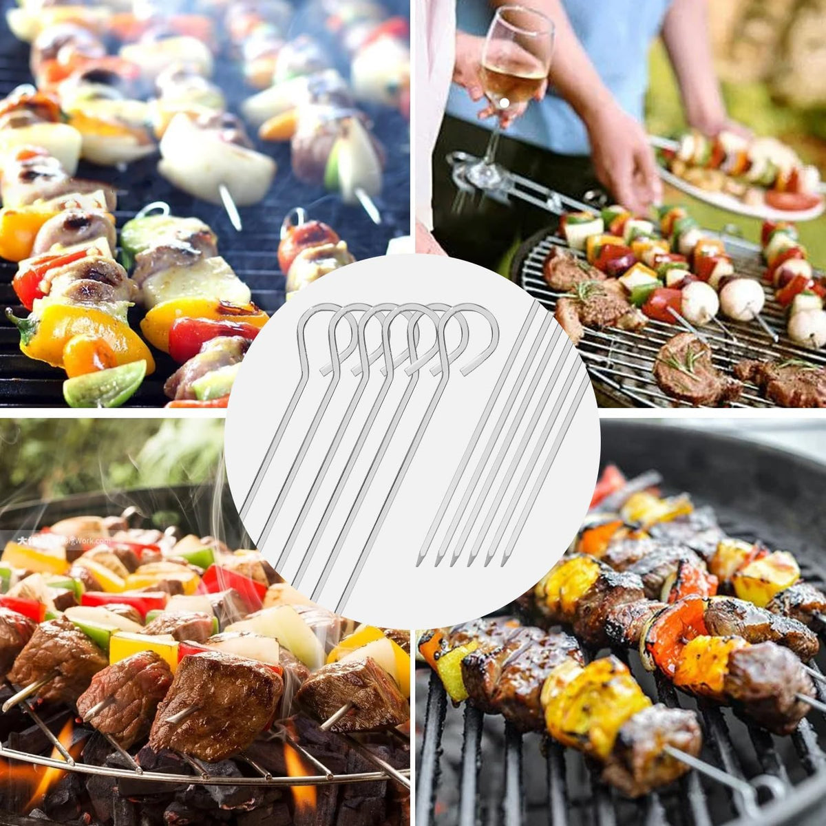 12" 12 Pack - Metal Skewers Reusable Kabob Skewers BBQ Barbecue Skewers for Grilling, Stainless Steel